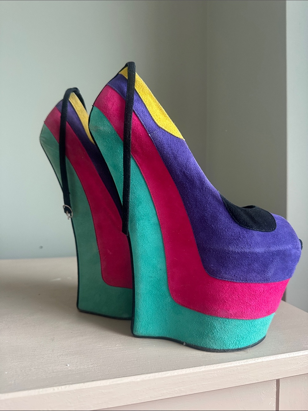 Giuseppe Zanotti Teal Pink Purple Yellow Suede Platform Pumps